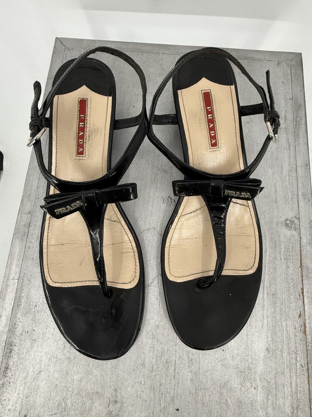 Prada Women's Black Patent Leather Bow Logo Wedge Thong Sandals 3Y5832 US 10.5